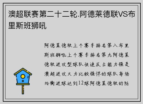 澳超联赛第二十二轮.阿德莱德联VS布里斯班狮吼